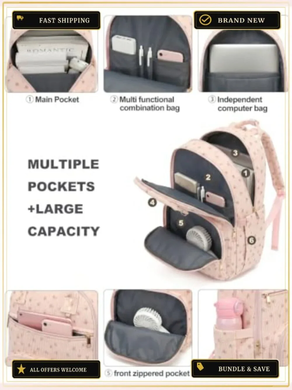 Padded Laptop Backpack for Women, Corduroy Lightweight College Backpack 15.6